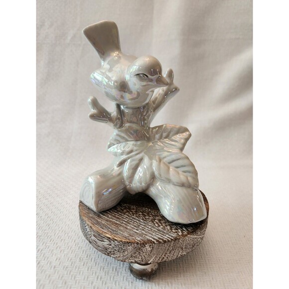 White Iridescent Bird Figurine Vintage Bird Figurine with Wooden Riser 6" - Picture 1 of 9